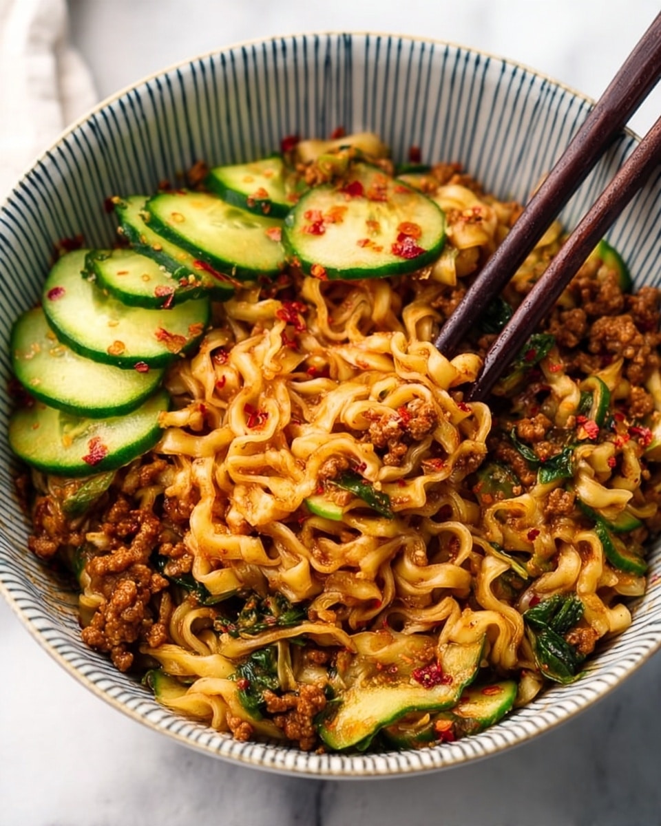 A close-up view of a round bowl filled with wavy, light brown noodles mixed with minced meat and chopped greens, giving a textured look to the dish. On top and around the noodles are thin slices of bright green cucumbers sprinkled with red chili flakes, adding color contrast. A pair of dark brown chopsticks rest inside the bowl, partially lifting some noodles. The bowl has light blue vertical lines on the inside, and it sits on a white marbled surface. photo taken with an iphone --ar 4:5 --v 7