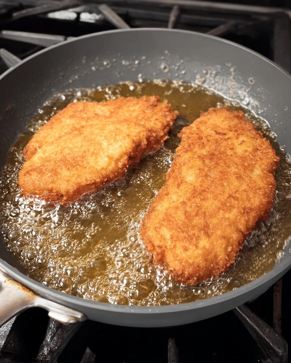 Two pieces of golden brown fried food are frying in hot bubbling oil inside a gray pan on a stove. The fried pieces have a rough, crispy texture, and the oil around them is shimmering with small bubbles. The stove below is black with visible metal grates, and the pan handle extends out to the left side. The scene shows the food cooking with a close-up view focusing on the frying process. photo taken with an iphone --ar 4:5 --v 7