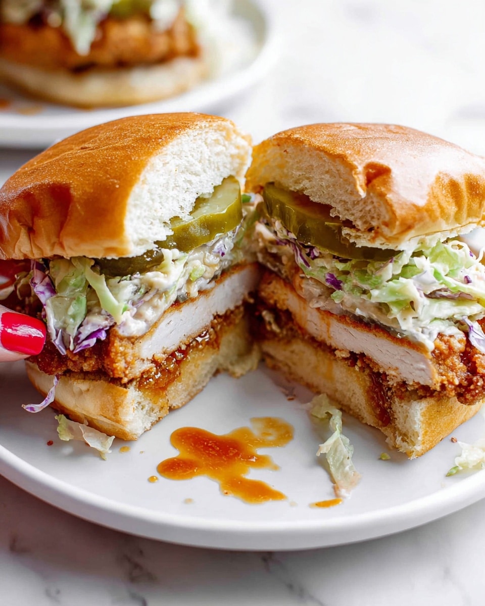A sandwich on a white plate with a white marbled surface, showing two halves separated in the center. The sandwich layers include a soft golden brown bun on top and bottom, a thick layer of white meat with a crispy brown fried coating, a layer of green pickles, and a mix of light green and purple shredded lettuce with some creamy white sauce visible. There is some orange sauce spilled on the plate near the sandwich. A woman's hand with red painted nails is holding one half of the sandwich. Photo taken with an iphone --ar 4:5 --v 7