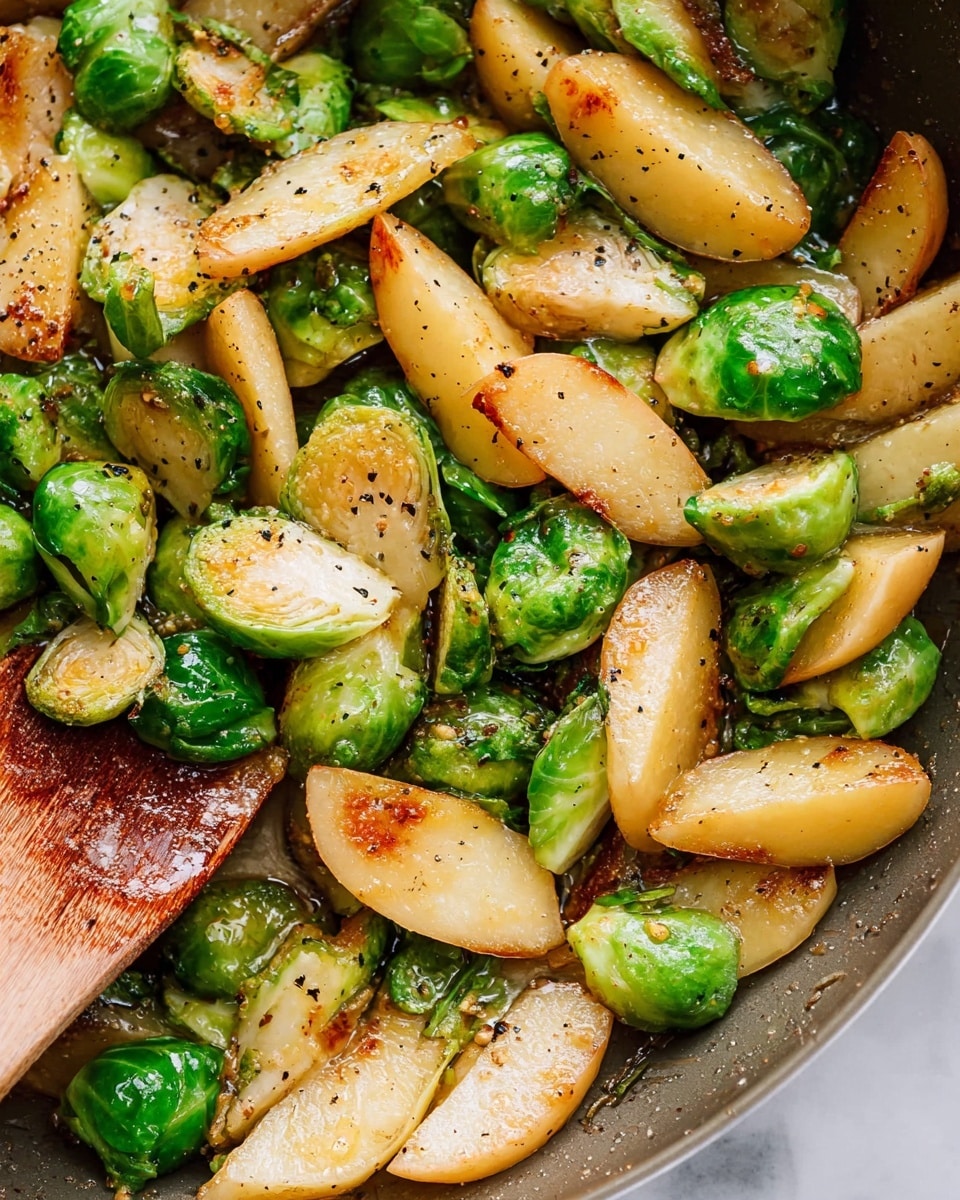 This image shows a close-up view of cooked Brussels sprouts mixed with sliced potatoes in a frying pan. The Brussels sprouts are vibrant green with some browned edges, while the potato slices are light golden to brown, indicating they are cooked with a slightly crispy texture. There is a light sprinkling of black pepper and seasoning visible across the vegetables, and a small amount of glistening cooking oil covers the surface. A wooden spatula is partially visible at the bottom left corner, stirring the mix. The background is a white marbled texture. photo taken with an iphone --ar 4:5 --v 7