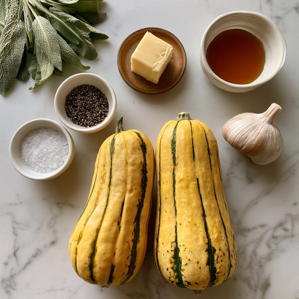 The image shows various ingredients on a white marbled surface, arranged neatly around two long, yellow delicata squashes with green stripes lying close to each other at the bottom center. Above the squashes, there is a whole garlic bulb on the right side. To the left of the garlic are two small white bowls, one with coarse salt and the other with black pepper. A small brown plate holding a square of butter is near the top middle. Next to it, on the right, is a small white bowl filled with amber-colored maple syrup. In the top left corner, there are several fresh sage leaves with a textured green color. Each ingredient is labeled with clear text. photo taken with an iphone --ar 4:5 --v 7