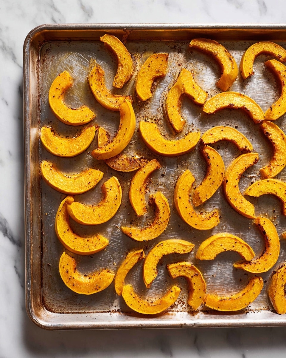 The image shows a metal baking tray filled with many half-moon slices of roasted orange squash spread out evenly. Each slice has a smooth, slightly charred surface with darker spots, and a pale outer rind that contrasts with the orange inside. The tray sits on a white marbled background, highlighting the vibrant orange color of the squash pieces. The texture looks soft and slightly crisp on the edges, and the slices are spaced apart to avoid overlapping. photo taken with an iphone --ar 4:5 --v 7