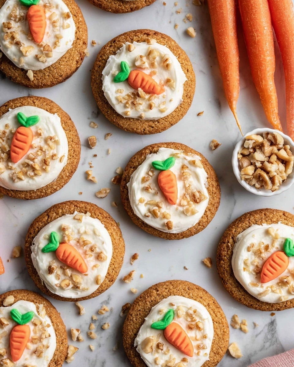 The image shows a close-up of round cookies with a soft brown color and a slightly crumbly texture. Each cookie has a top layer of white cream frosting spread thickly, with small chopped pieces of light brown nuts scattered over it. Some cookies are decorated with a small bright orange carrot shape made from colored frosting, with a bit of green frosting at the top. In the center, there is a stack of one cookie cut into quarters, showing two layers: the brown cookie base with a smooth white frosting layer on top, and a small smear of orange frosting in the middle. All cookies are placed on a white marbled surface. photo taken with an iphone --ar 4:5 --v 7