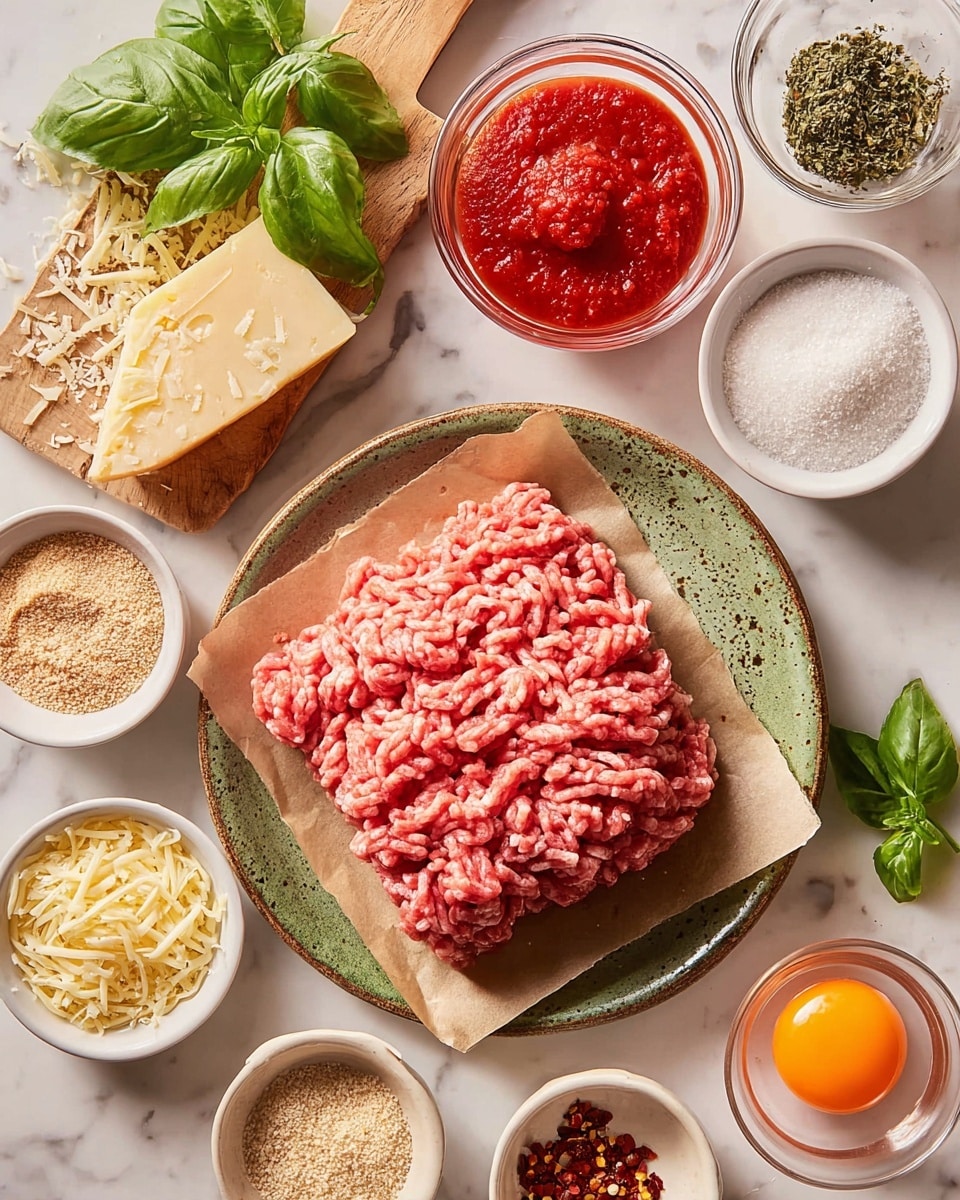 A flat pile of raw pink ground meat sits on brown paper on a round plate with green speckles, surrounded by small white bowls containing different ingredients: pale yellow shredded cheese, bright red tomato sauce, white coarse salt, light beige minced garlic, light brown breadcrumbs, an orange raw egg yolk in a clear glass bowl, and a mix of dried herbs and red chili flakes in a small bowl on a wooden board next to fresh green basil leaves and a wedge of pale yellow cheese with grated shreds nearby. The whole scene is set on a white marbled surface. Photo taken with an iphone --ar 4:5 --v 7