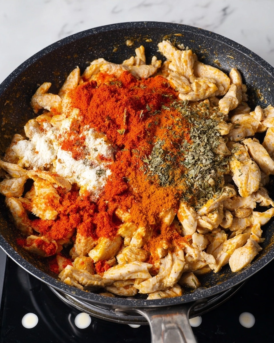 Inside a black pan with a metal handle, there are many small pale yellow strips of cooked chicken spread out at the bottom. On top of the chicken, there are several layers of colorful powdered spices: a thick layer of bright red spice in the lower part, mixed with a small layer of white powder, and patches of orange and green herbs scattered around. The spices sit unevenly on the cooked chicken strips, showing a mix of rough and fine textures. The pan is placed on a black stovetop with white dots, and the whole scene is on a white marbled surface. photo taken with an iphone --ar 4:5 --v 7