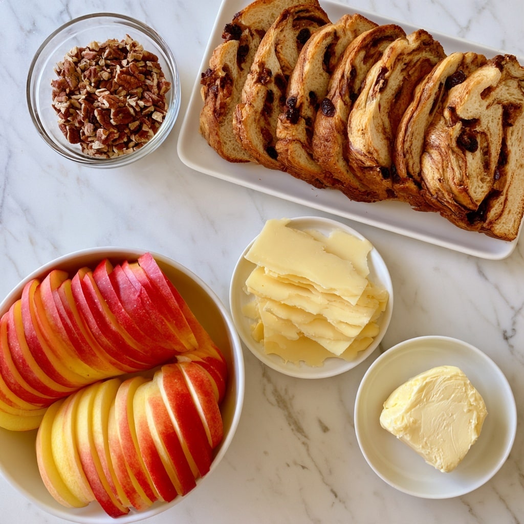 The image shows five separate dishes arranged on a white marbled surface. At the top right, there is a rectangular white plate with eight slices of raisin swirled bread lined up side by side, showing the brown swirls and dark raisins inside. Below it in the center, a small round white plate holds thin, uneven slices of soft yellow cheese stacked slightly on each other. To the left, a larger round white bowl is filled with bright red and yellow apple slices standing on their edges and fanning out neatly. On the bottom right, a small round white bowl contains a thick pat of pale yellow butter. At the top left, a small clear glass bowl is filled with chopped pecans. The photo is taken with an iphone --ar 4:5 --v 7