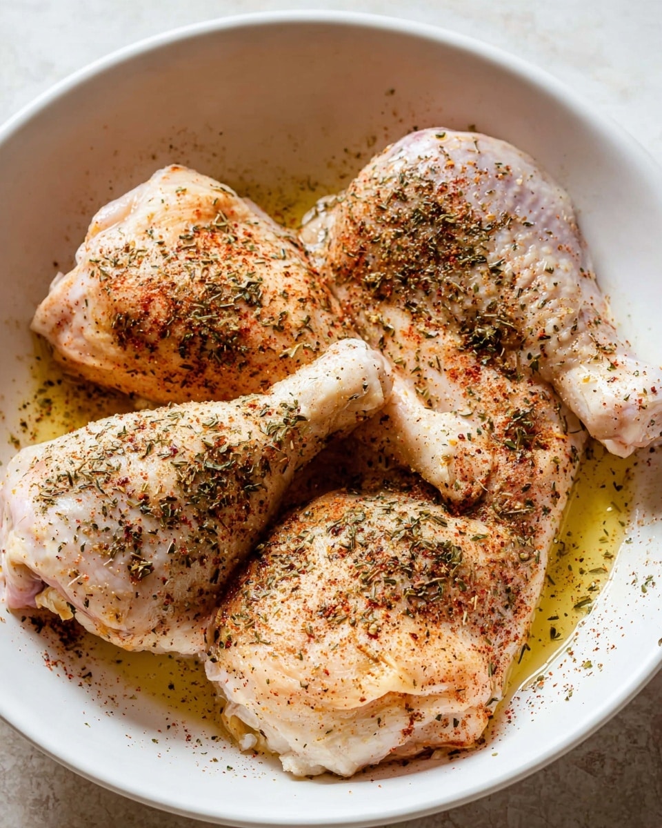 A white bowl contains four pieces of raw chicken with skin, including two drumsticks and two thighs. Each piece is seasoned with a layer of fine salt, black pepper, red paprika powder, and dried herbs scattered evenly across the chicken skin. The chicken rests in a thin layer of oil at the bottom of the bowl. The white marbled surface is faintly visible around the bowl edges. The photo taken with an iphone --ar 4:5 --v 7