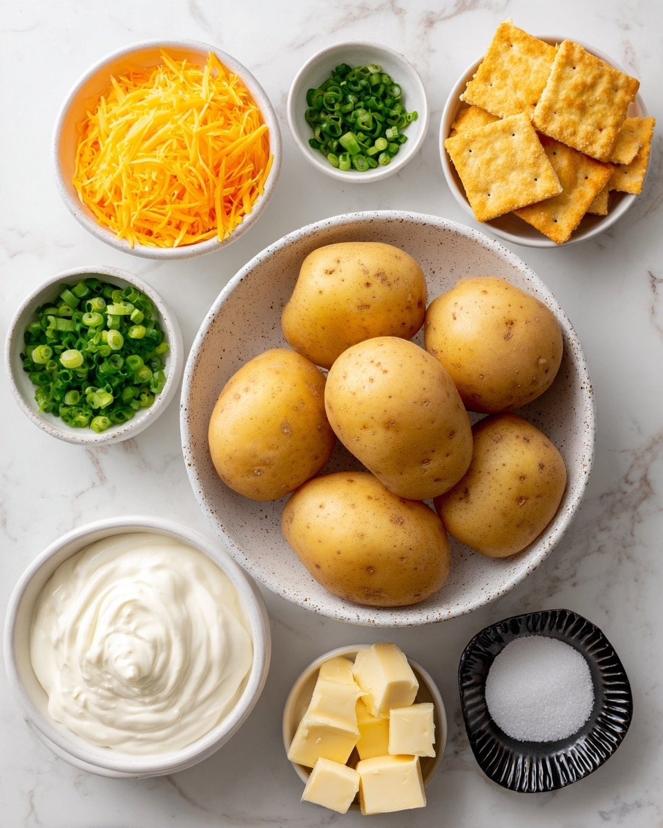 The image shows a collection of ingredients for a dish arranged on a white marbled surface. At the center, a white speckled bowl holds seven round Yukon gold potatoes with smooth yellow-brown skin. To the left, there is a small white bowl filled with bright orange shredded cheddar cheese, and below it, another small white bowl holds chopped green spring onions. At the top right, a white bowl contains golden square cheese crackers. Next to it, another white bowl shows a thick swirl of white sour cream. Below the sour cream, small bowls hold pale yellow butter cubes, finely chopped dried chives, and a beige creamy mixture of condensed cream of mushroom soup. On the far right, a small black and white fluted dish holds divided heaps of white salt and black pepper. All bowls are neatly arranged, showing a variety of textures and colors on the clean white marbled surface photo taken with an iphone --ar 4:5 --v 7