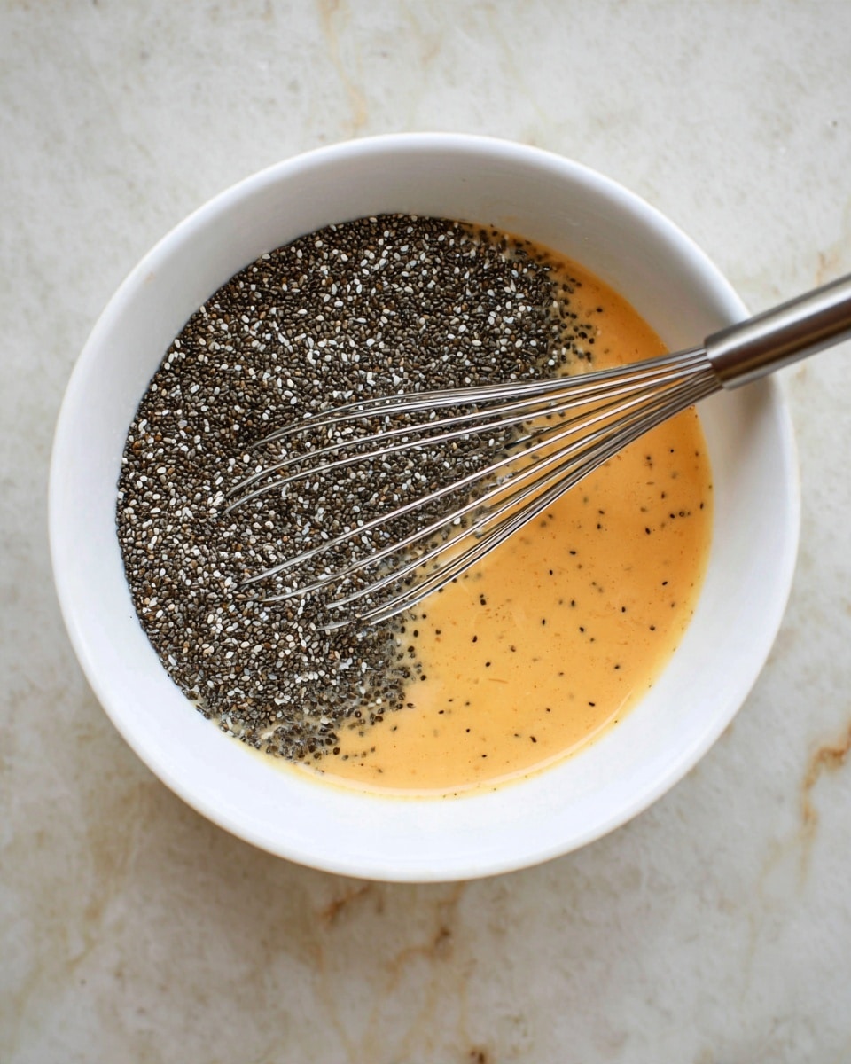 A close-up top view of a white bowl with three layers inside: the bottom layer is a smooth light orange liquid, the top left section is covered with small black and white chia seeds, and a metal whisk is partially submerged in the layers, resting diagonally from bottom right to center. The bowl sits on a white marbled surface. photo taken with an iphone --ar 4:5 --v 7