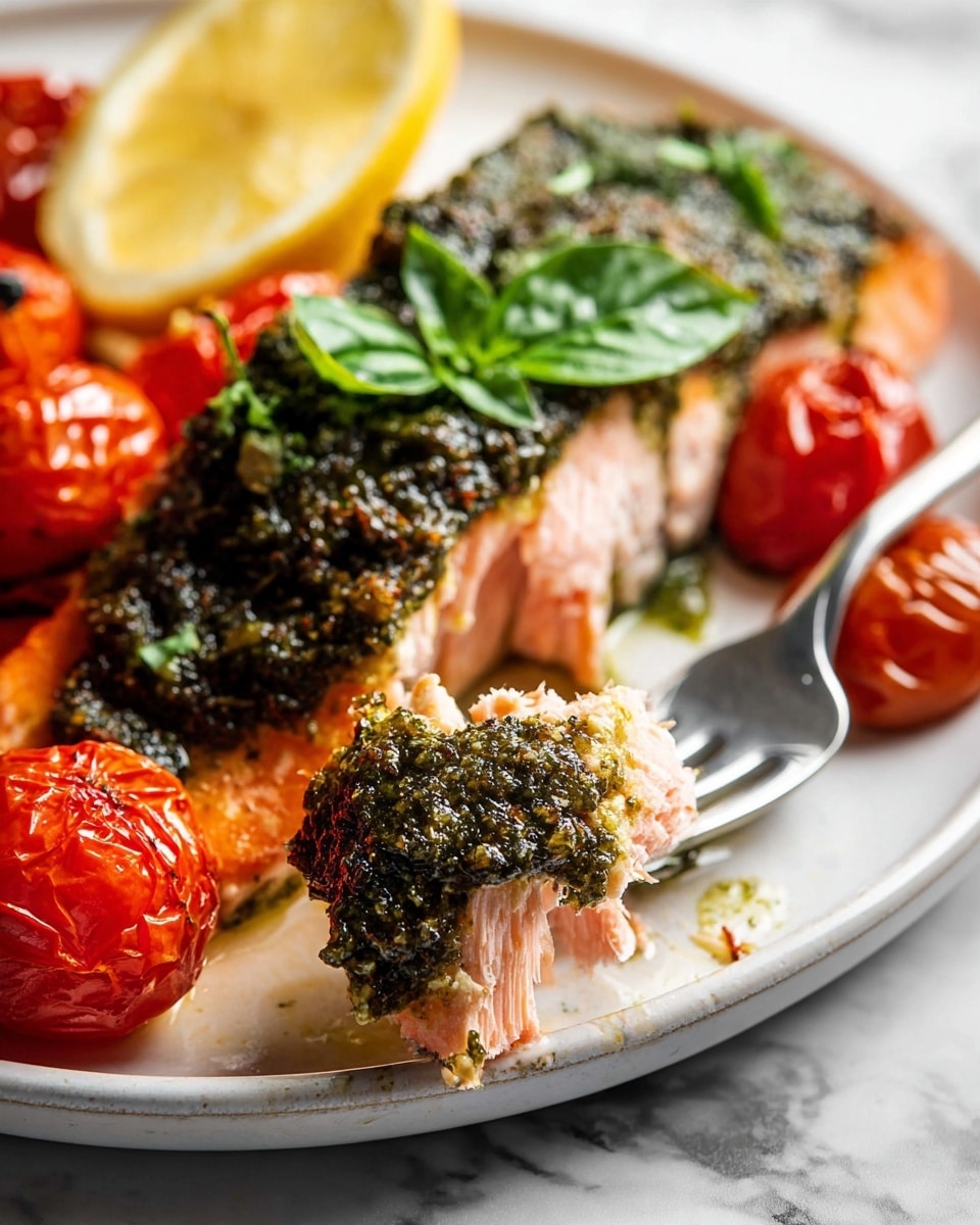 A white plate sits on a white marbled texture, holding a piece of cooked pink salmon topped with a dark green, coarse pesto sauce spread evenly across the top, garnished with fresh green basil leaves. To the left of the salmon, there are whole roasted cherry tomatoes in bright and deep red shades, adding a splash of color, with a lemon wedge in the upper left corner. In the foreground, a shiny silver fork is pulling away a small, tender flake of salmon topped with pesto. Photo taken with an iphone --ar 4:5 --v 7