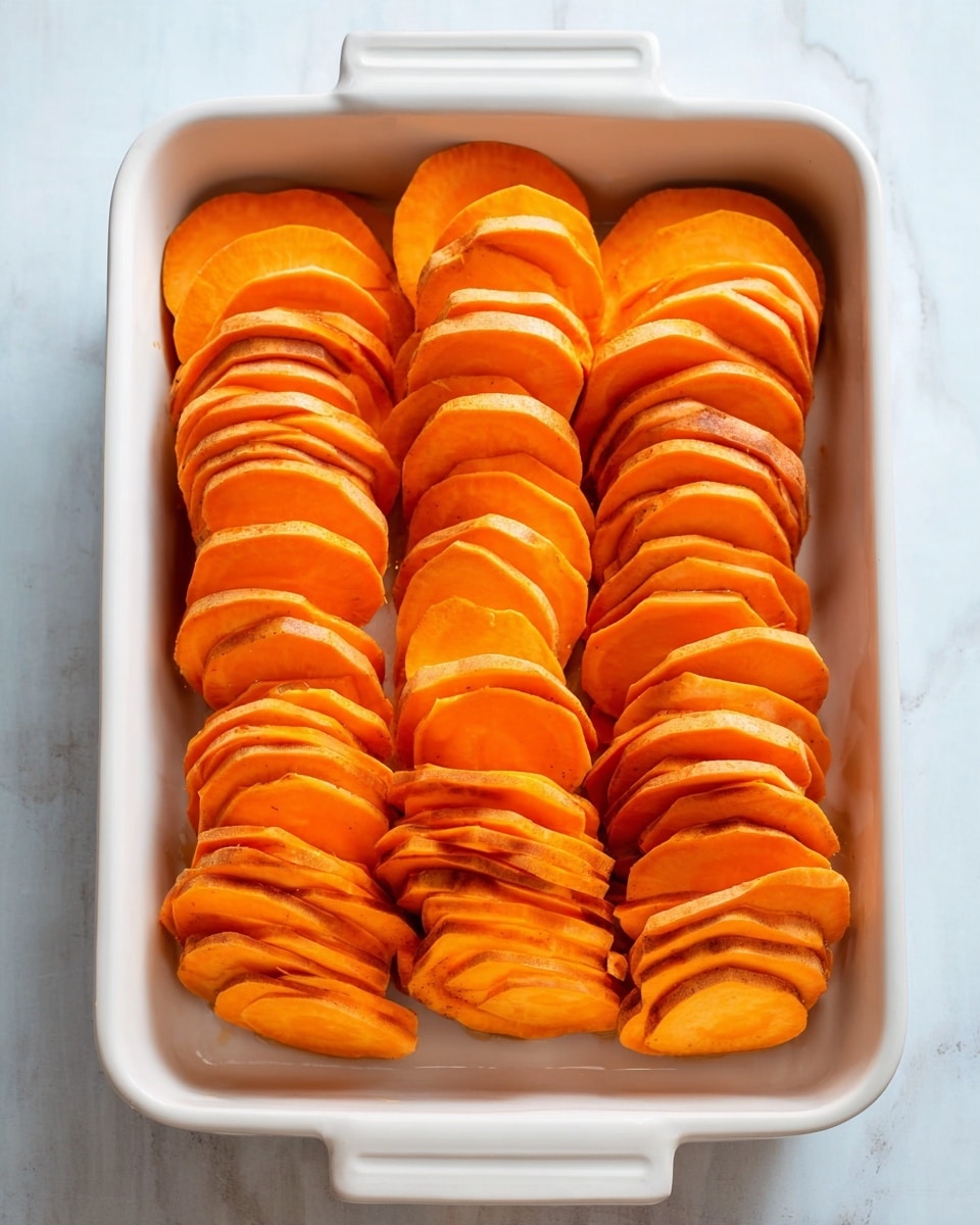 Three stacks of sliced orange sweet potatoes are placed side by side inside a white baking dish. Each stack has many thin, evenly cut layers standing upright, showing the rounded shape of each slice. The slices are smooth and bright orange in color. The dish is set on a white marbled surface. photo taken with an iphone --ar 4:5 --v 7