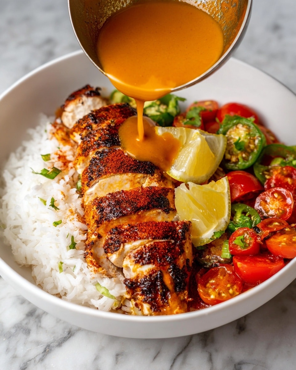 A white bowl on a white marbled surface holds a dish with three main layers: on the left, fluffy white rice; in the center, sliced grilled chicken with a dark char and orange-red spices on top; on the right, a colorful mix of halved cherry tomatoes, green herbs, and sliced green peppers. Two lemon slices rest between the chicken and the tomato mixture. Orange sauce is being poured over the chicken from a metal ladle on the upper right side of the bowl. Photo taken with an iphone --ar 4:5 --v 7
