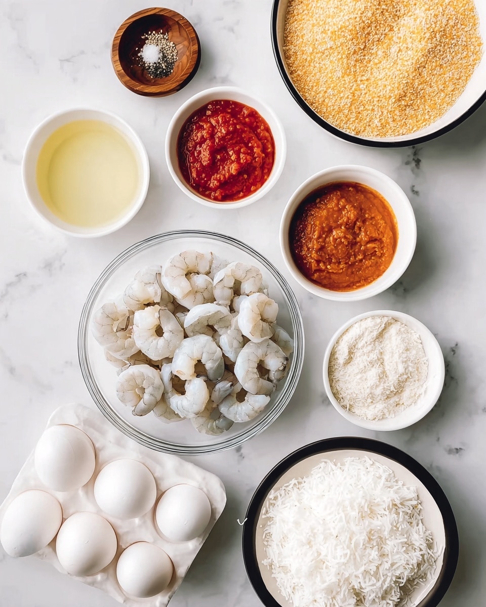 A top-down view of a white marbled surface with various small white and clear bowls arranged in a loose circle. In the center clear bowl, there are raw, peeled shrimp with tails on, pale white and gray in color, neatly placed in layers. Surrounding it, starting clockwise from the top, are three small white bowls: one filled with bright red chunky sauce, one with a thick orange-brown sauce, and one with a light powdery white flour. Below them is a larger white bowl filled with fluffy, white shredded coconut. To the left, a small white bowl contains a pale yellow liquid, likely oil. Next to it is a white egg carton holding four white eggs. Above the eggs, a black rimmed white bowl is filled with golden brown breadcrumbs. At the top left, a small wooden bowl holds a divided mix of black pepper and white salt. The arrangement is clean and well lit, photo taken with an iphone --ar 4:5 --v 7