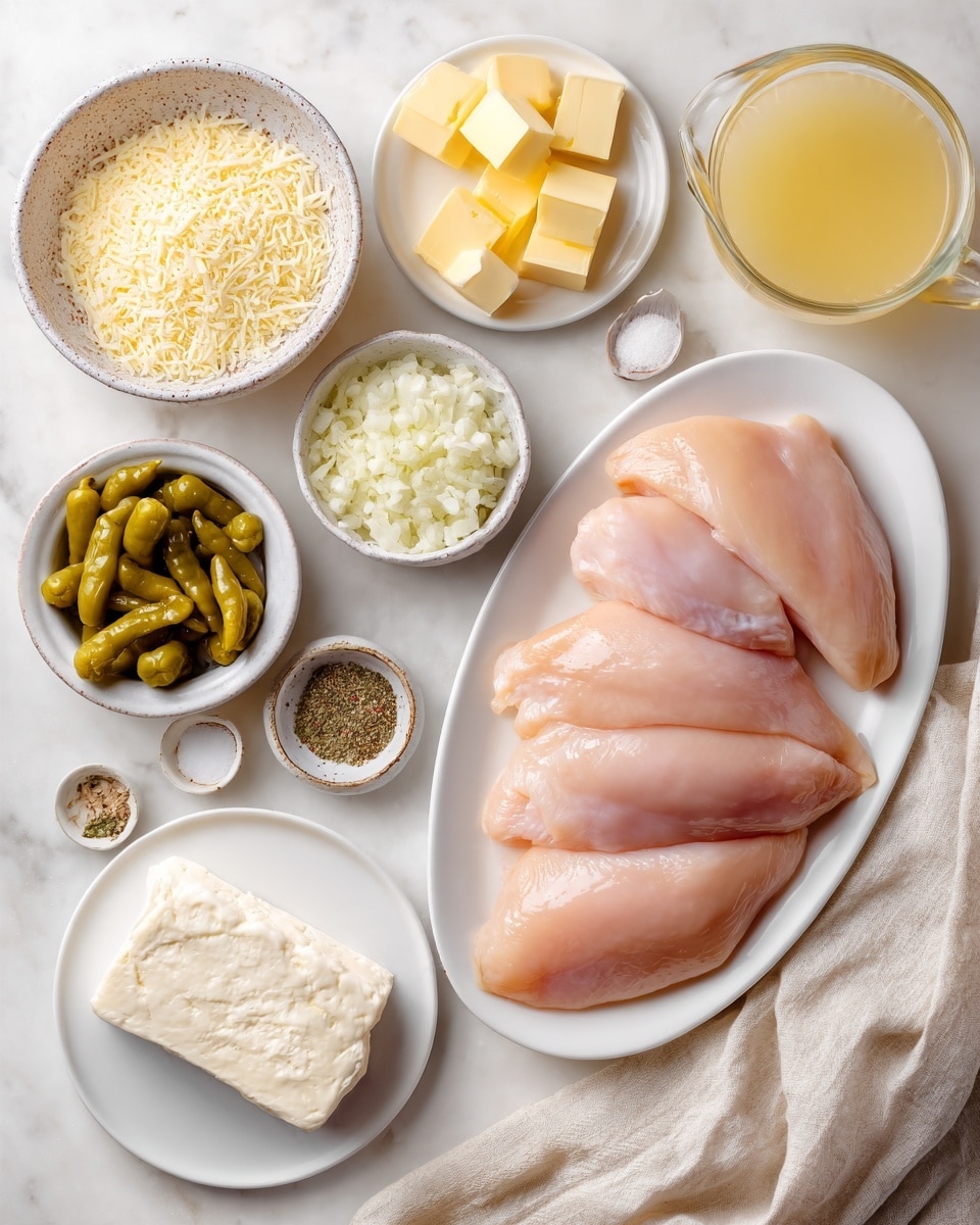 A top view of raw chicken pieces placed on a white oval plate on the right side, showing four smooth, pink chicken layers stacked closely. Surrounding the plate, several small white bowls hold different ingredients: finely grated cheese in a speckled bowl above the chicken, cubed yellow butter on a white saucer to the upper right, creamy white cream in a small brown bowl below the butter, light yellow broth in a glass measuring cup at the top right, finely chopped garlic in a small bowl just above the center, a pale cream cheese block on a white plate at the lower left of the center, green pepperoncini peppers filling a white bowl bottom left, a cowgirl beige cloth beside the peppers. Small white containers hold dried herbs or seasoning powder and black pepper near the center, and light yellow sauce in a glass bowl to the left of the chicken. The whole layout is on a clean white marbled surface. photo taken with an iphone --ar 4:5 --v 7