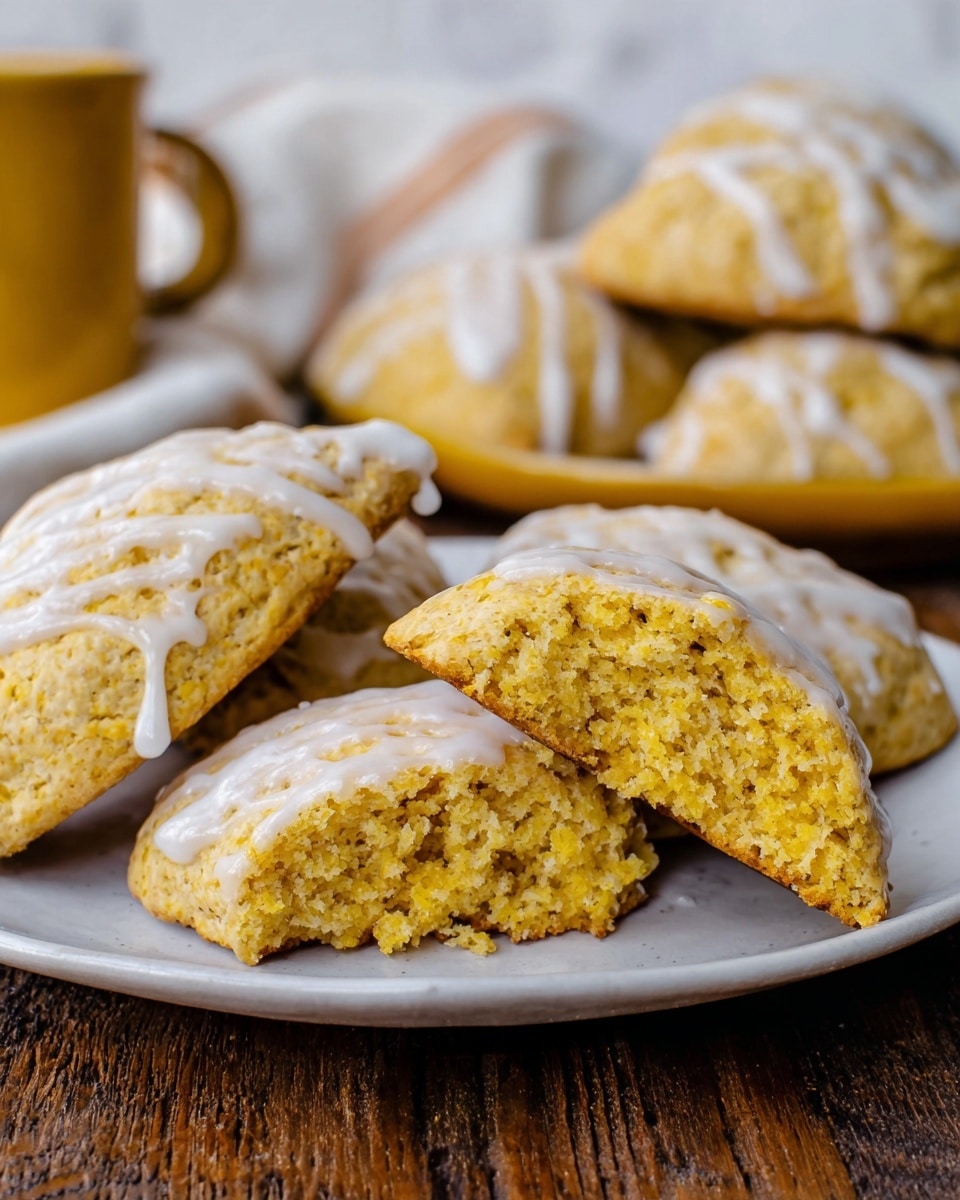 The image shows several golden brown scones arranged on a white plate, each scone topped with a thin layer of white glaze that drips slightly down the sides, creating a textured surface. One scone is broken in half and placed in the foreground, revealing a soft, crumbly interior with a warm yellow color and small air pockets. The plate is set on a wooden surface with parts of other plates and a folded white cloth visible in the blurred background, all on a white marbled texture. photo taken with an iphone --ar 4:5 --v 7