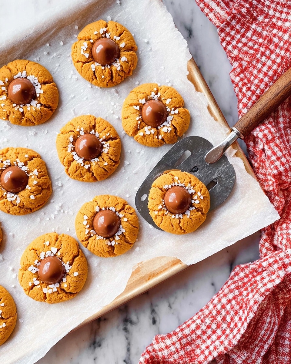 The image shows a white parchment paper lined tray with ten golden-orange cookies. Each cookie has a rough, slightly cracked texture and is round with a small round chocolate candy placed in the center. Around the chocolate candy, there is a sprinkle of white coarse sugar crystals. One cookie is being lifted by a metal spatula with a wooden handle resting on a white marbled surface. A red and white checkered cloth is beside the tray. The photo taken with an iphone --ar 4:5 --v 7