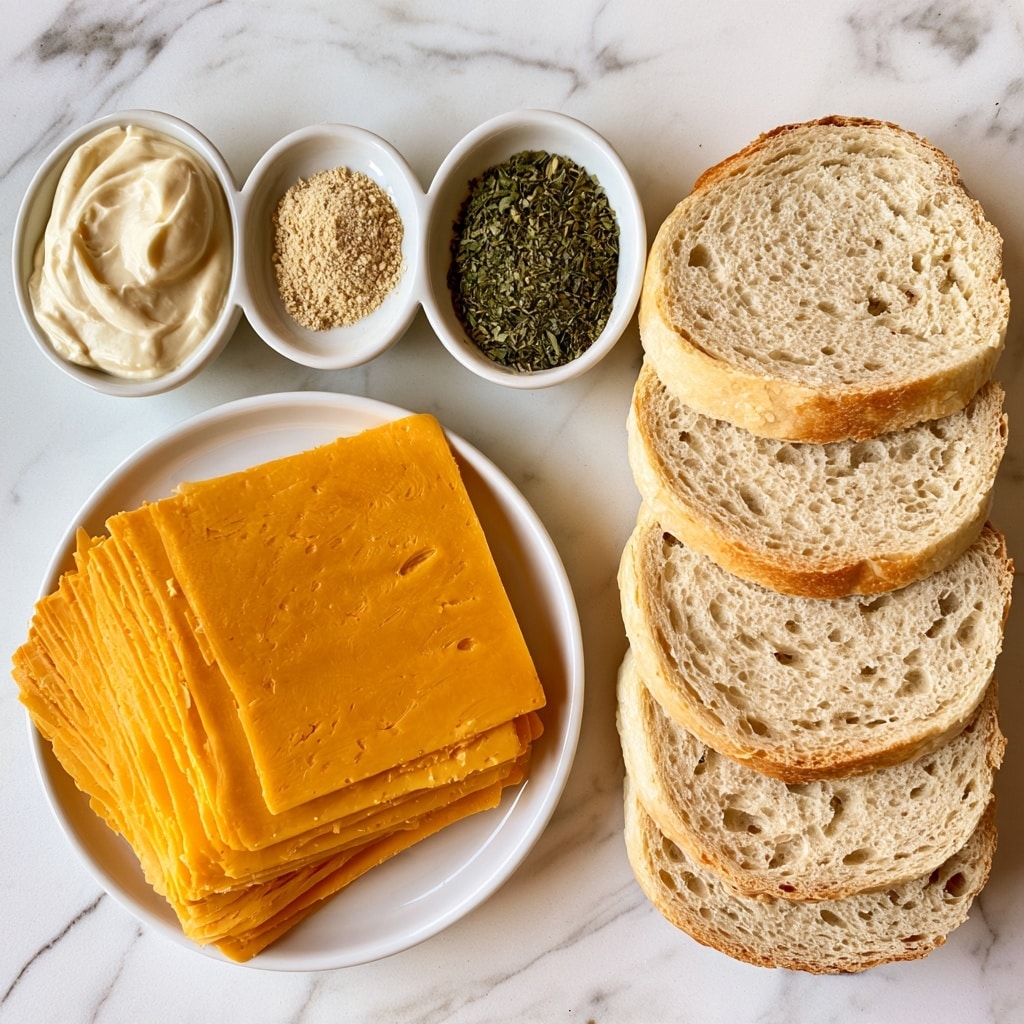 The image shows four ingredients arranged neatly on a white marbled surface. On the right, there is a stack of sliced sourdough sandwich rounds with a light beige crust and soft, spongy texture inside. To the left, a stack of bright yellow cheddar cheese slices sits on a white plate. Above the cheese, three small white bowls hold different seasonings: one with creamy off-white mayonnaise, another with light brown garlic powder, and the last with green dried Italian seasoning herbs. Each element is clearly separated and labeled with text. Photo taken with an iphone --ar 4:5 --v 7