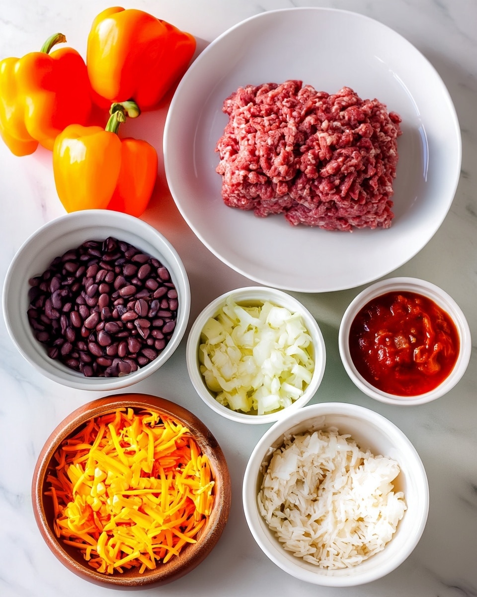 The image shows a white plate holding a package of fresh ground beef placed on a white marbled surface. To the left of the plate, there are two whole orange bell peppers with smooth shiny skins. Below on the white marbled background, small white bowls hold several colorful ingredients: black beans with a glossy dark texture, diced yellow onion with small white and pale yellow pieces, bright yellow frozen corn kernels, a bowl of red salsa with a chunky texture, and a small bowl of minced garlic with a pale yellow color. Additionally, a wooden bowl contains shredded cheddar cheese in orange-yellow strands, and another white bowl holds fluffy white rice. A small white bowl contains reddish-brown taco seasoning powder. All items are spaced neatly, showing a variety of colors and textures against the clean white marbled setting. Photo taken with an iphone --ar 4:5 --v 7