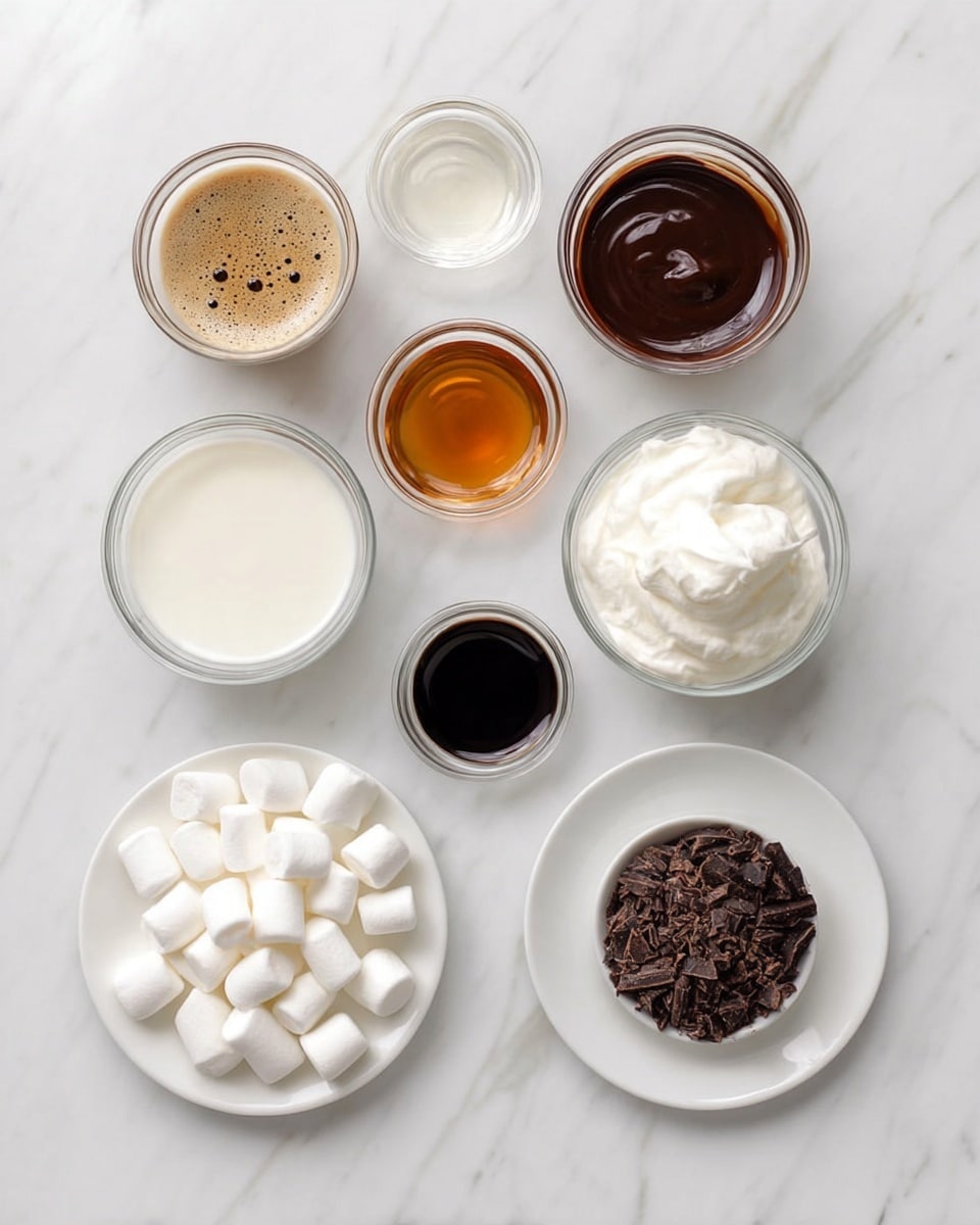 The image shows eight small clear glass bowls and two white plates placed in a neat grid on a white marbled surface. In the top row, from left to right, the first bowl contains light brown espresso with tiny bubbles, the second bowl has thick dark chocolate sauce with a smooth texture, and the third bowl holds light amber honey that appears sticky and shiny. In the middle row, the first bowl is filled with smooth white milk, and the second bowl contains fluffy white whipped cream with soft peaks. The bottom row has two white plates on the left and right sides; the left plate holds evenly sized small white marshmallows, and the right plate is filled with dark brown chocolate shavings with a rough texture. In the center between the plates, there is a small clear glass bowl filled with a thick dark syrup. The overall look is clean and organized with smooth and textured layers of different shades of brown and white. Photo taken with an iphone --ar 4:5 --v 7