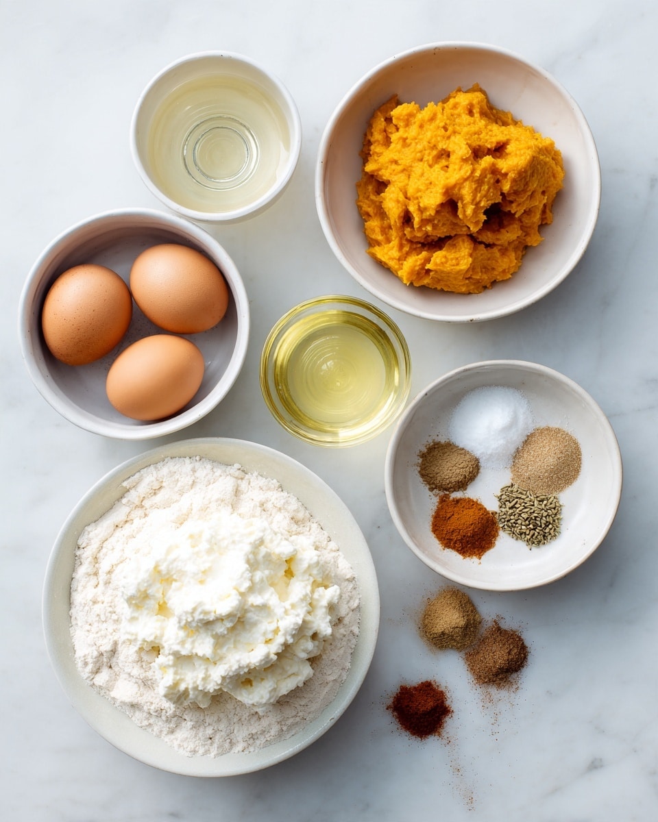 A top-down view shows several small white bowls and one glass jug placed neatly on a white marbled surface. From left to right, the first white bowl holds two whole brown eggs. Next, a clear glass jug contains a transparent pale yellow oil. To its right, a small white bowl is filled with bright orange pumpkin puree that is softly mounded. Below this, a small white bowl overflows with thick, creamy white cottage cheese. Finally, a larger white bowl holds white flour scattered with six spices in neat piles, displaying shades of brown, light beige, and dark brown. Surrounding some of the bowls are scattered small labels naming ingredients in white text. The overall feel is calm and organized. Photo taken with an iphone --ar 4:5 --v 7