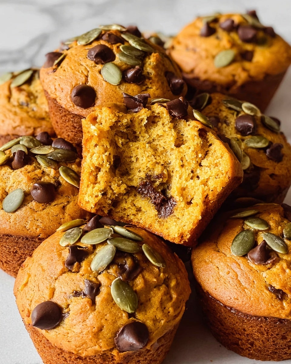 The image shows a pile of golden brown muffins with a soft, moist inside texture, one muffin in the center has a large bite taken out of it revealing its crumbly interior. Each muffin is topped with a mix of small dark chocolate chips and pale green pumpkin seeds, scattered unevenly across the rounded tops. The muffins have a slightly cracked surface with a firm, darker brown base at the bottom. They are placed closely together on a white marbled surface, giving a cozy and inviting feel. Photo taken with an iphone --ar 4:5 --v 7