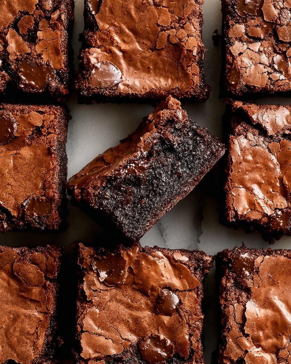 The image shows nine square brownies arranged in a grid with one brownie slightly lifted, revealing a rich dark brown, moist inside layer with a shiny, cracked top layer in a lighter brown shade. The top layer has a rough, flaky texture with small, irregular pieces lifting off. The inside layer is dense and glossy with a smooth texture and a few shiny chocolate spots. The brownies are on a white marbled surface. photo taken with an iphone --ar 4:5 --v 7