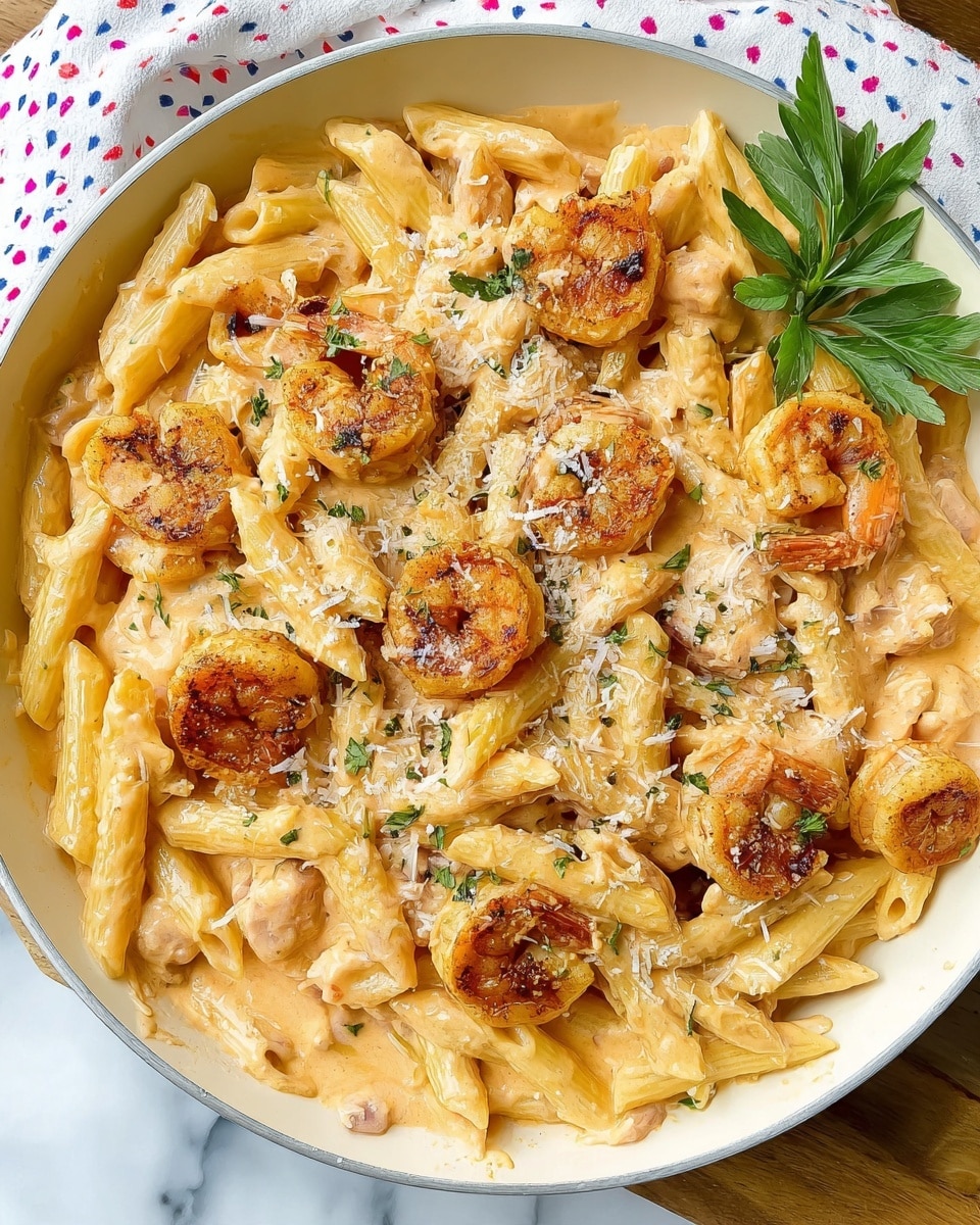 A close-up view of a black pan filled with creamy pasta and shrimp. The pasta is penne, pale yellow and covered in a light orange creamy sauce. On top and mixed in are several cooked shrimp with a golden-brown outside. Shredded white cheese is sprinkled over the dish, along with small bits of green herbs. A green parsley leaf rests on the side of the pan. The pan is placed on a white marbled surface. Photo taken with an iphone --ar 4:5 --v 7
