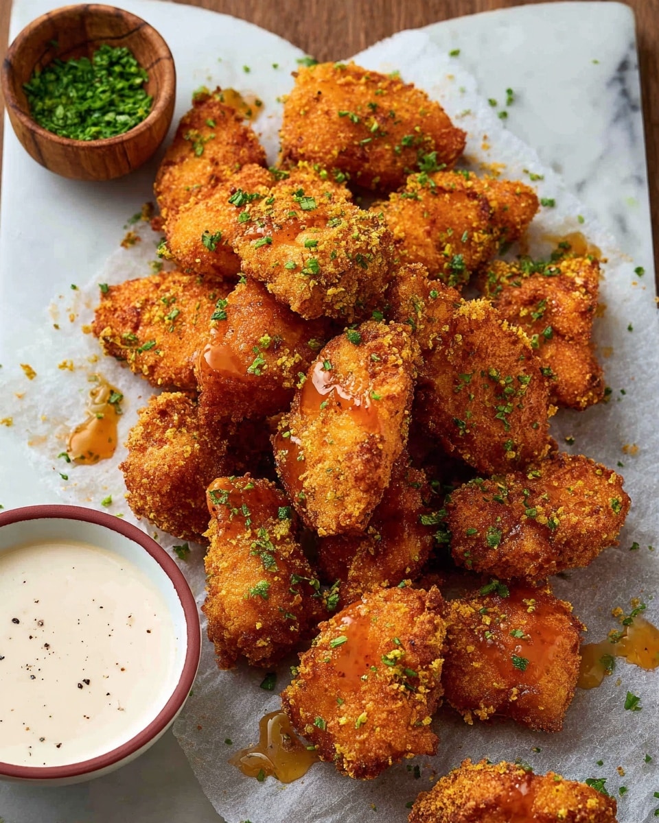 A pile of crispy golden brown fried chicken pieces with a crunchy texture is placed on a piece of parchment paper on a white marbled surface. The chicken pieces are drizzled with a shiny orange sauce and sprinkled with small bits of green herbs. On the top left side, there is a small wooden bowl filled with more finely chopped green herbs. On the bottom left corner, a white bowl with a reddish-brown rim holds a smooth white dipping sauce with tiny black specks. The overall setting gives a warm and appetizing feel. photo taken with an iphone --ar 4:5 --v 7