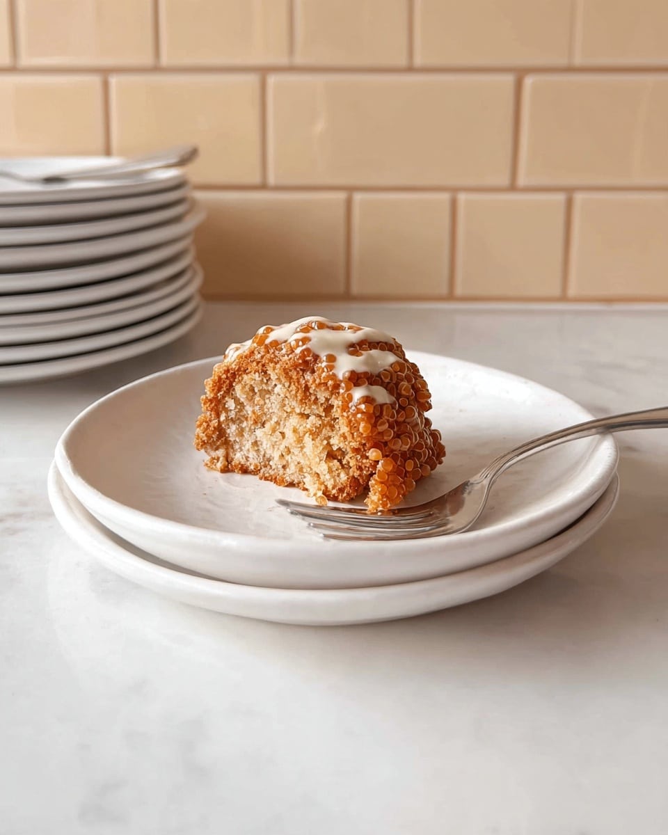A single piece of a crispy, golden brown treat with tiny bubble-like textures all over sits in the middle of a white plate. The treat has a rough and crunchy outer layer with a slightly lighter beige color visible inside, showing a porous, airy texture. There is a drizzle of light cream-colored sauce on top, adding a smooth contrast. A silver fork lies next to the treat on the plate. In the background, there is a stack of white plates and the setting is on a white marbled surface with a beige tiled wall behind. photo taken with an iphone --ar 4:5 --v 7