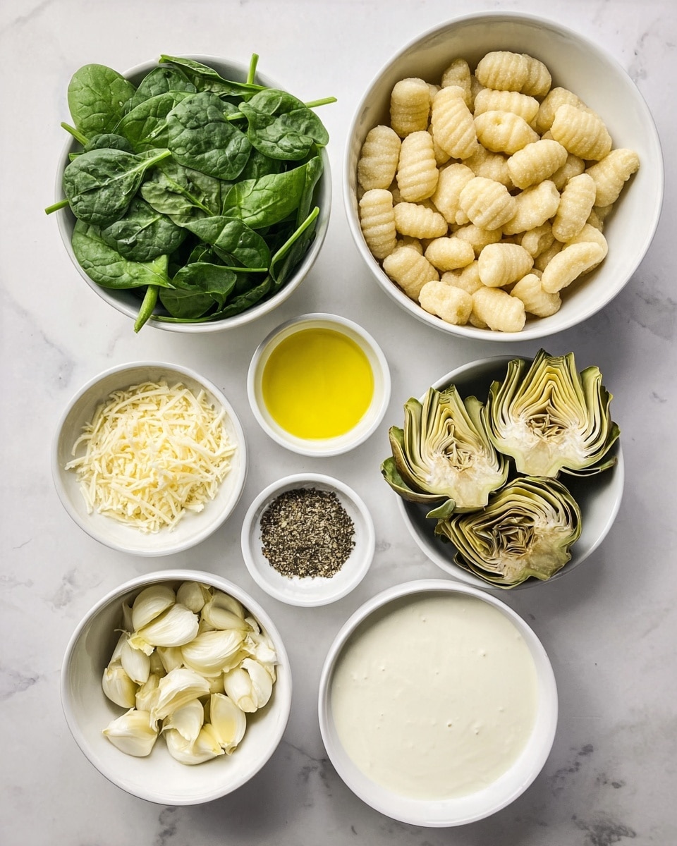 Seven white bowls are arranged on a white marbled surface, each with different ingredients. The largest bowl at the top right is full of pale, ridged gnocchi pieces with a slightly rough texture. Below it, a bowl holds fresh, dark green spinach leaves with some stems visible. To the bottom left, a bowl contains light yellow grated Parmesan cheese that looks finely ground. Next to it, a bowl is filled with artichoke hearts in pale greenish-beige, showing soft, layered leaves. Near the center left, a small bowl contains finely chopped pale yellow garlic pieces. A small bowl near the top center holds a mix of black pepper, white salt, and dried green herbs. On the far left, a small bowl contains bright yellow olive oil with a smooth surface. To the right of the spinach, a small bowl is filled with shredded white mozzarella cheese. Below that, a medium bowl contains white cream or milk with a smooth, glossy surface. Photo taken with an iphone --ar 4:5 --v 7