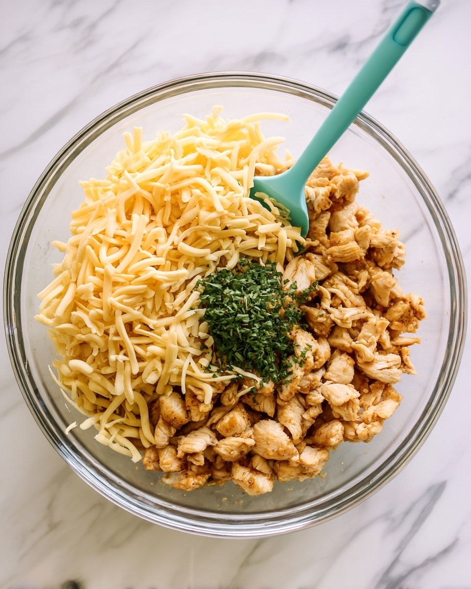 A clear glass bowl on a white marbled surface holds three main layers of ingredients. The bottom right half is filled with small, cooked light brown pieces of chicken. On the left side, there is a pile of long, thin light yellow shredded cheese. At the top, finely chopped green herbs sit in a small pile near the edge. A turquoise spatula is placed inside the bowl next to the chicken pieces. Photo taken with an iphone --ar 4:5 --v 7