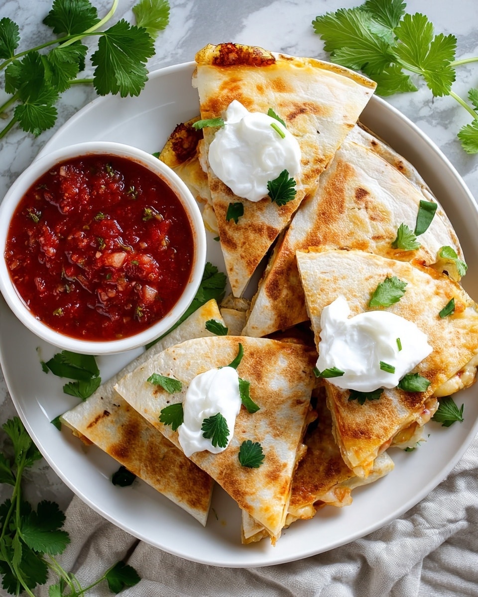 A white plate holds several folded quesadilla pieces, each with a light golden-brown toasted surface and sprinkled green cilantro leaves on top; some pieces are topped with a dollop of white sour cream garnished with cilantro. Next to the quesadillas is a small white bowl filled with chunky red salsa. The plate rests on crumpled parchment paper over a white marbled surface, with fresh cilantro sprigs scattered around. photo taken with an iphone --ar 4:5 --v 7