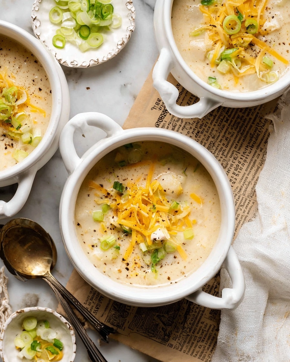 A close-up of a white bowl with a creamy soup inside that has a light beige color. The soup has soft, lumpy dumplings with a slightly golden yellow tint, fresh green sliced scallions on top, and small black pepper specks scattered around. Pieces of pale yellow vegetable chunks are mixed in the creamy soup. The bowl is placed on a white marbled surface. photo taken with an iphone --ar 4:5 --v 7