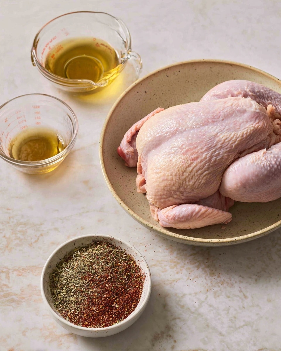 A whole raw chicken with pale pink and light yellow skin lies in a beige bowl with a speckled rim, positioned on a white marbled surface. To the left, there is a small clear glass bowl filled with golden oil, and next to it is a glass measuring cup partially filled with light brown liquid. In front of the chicken, a white bowl holds a mixture of red, green, and brown dried herbs and spices with a coarse texture. The setup is simple and clean with soft natural light. photo taken with an iphone --ar 4:5 --v 7