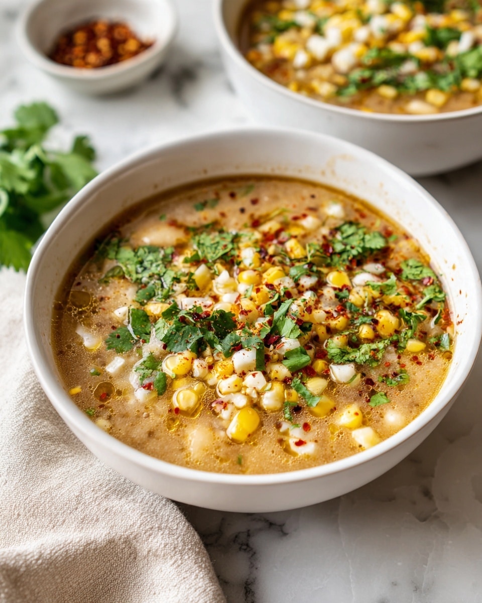 A close-up view of a bowl filled with soup showing several layers: the bottom layer is a light brown broth with some oil droplets on the surface, the middle layer has many white beans and small yellow corn pieces mixed throughout, and the top layer is sprinkled with fresh green cilantro leaves and red chili flakes, creating a colorful contrast. The bowl is white and the setting is on a white marbled surface with a beige cloth beside it. Photo taken with an iphone --ar 4:5 --v 7c