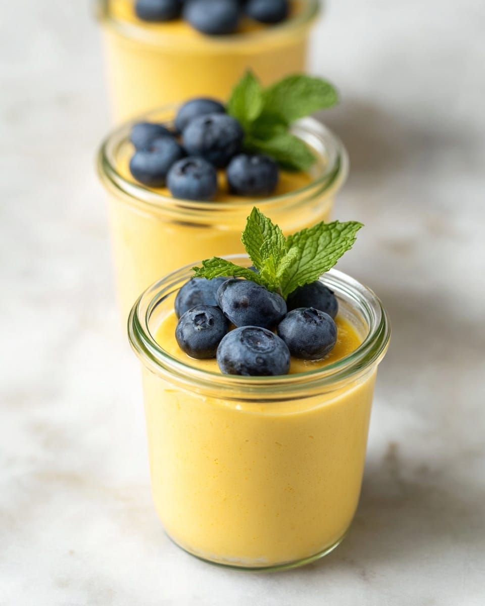 Three clear glass jars stand on a white marbled surface, each filled with one thick layer of smooth creamy yellow pudding. The tops of the puddings are decorated with a small cluster of fresh blueberries and a bright green fresh mint leaf on the side. The jars are positioned with one in the front right, closest to the camera, and two slightly blurred in the background. Photo taken with an iphone --ar 4:5 --v 7