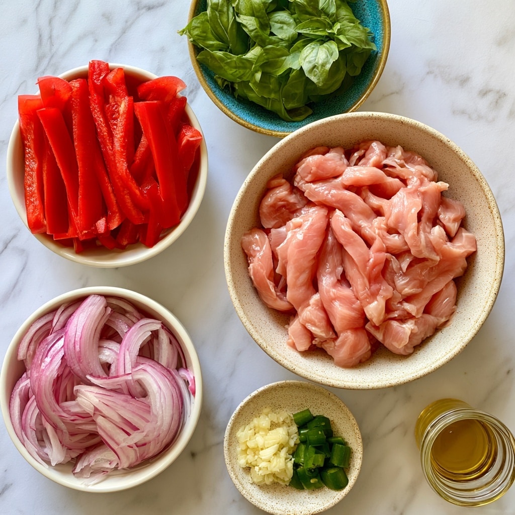 The image shows six bowls arranged on a white marbled surface, each containing different ingredients. At the center right, there is a large speckled beige bowl filled with raw pink chicken strips. Above it, a small blue-green bowl holds fresh green basil leaves. To the left, a white bowl is filled with bright red bell pepper sticks standing upright. Below the peppers, another white bowl is filled with thin, curved slices of purple onion. Near the bottom center, a small speckled beige dish holds minced light yellow garlic and chopped green chile peppers side by side. Finally, on the bottom right, a small clear glass container holds golden oil. The overall look is clean and colorful with fresh ingredients. photo taken with an iphone --ar 4:5 --v 7
