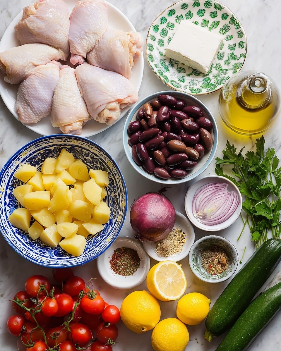 The image shows a white plate on the left holding five raw chicken thighs with pale pink skin. Above it, there is a white bowl filled with dark purple Kalamata olives. To the right of the olives, a white bowl with green leaf patterns holds a small block of white cheese. Next to it, two fresh, green zucchinis lie on a white marbled surface. Below the zucchinis, a large white bowl with blue designs is full of small yellow potato pieces. Near the potatoes, there is a glass bottle of golden olive oil. At the bottom right, a white plate holds three yellow lemons, one sliced in half, and two halves of a red onion showing their purplish rings. Below the chicken, a white plate holds red and yellow cherry tomatoes on the vine. Near the tomatoes, small white bowls contain garlic cloves, various mixed dry spices in yellow and green shades, and black pepper. Fresh green parsley sprigs are placed on the bottom right edge of the white marbled surface. photo taken with an iphone --ar 4:5 --v 7
