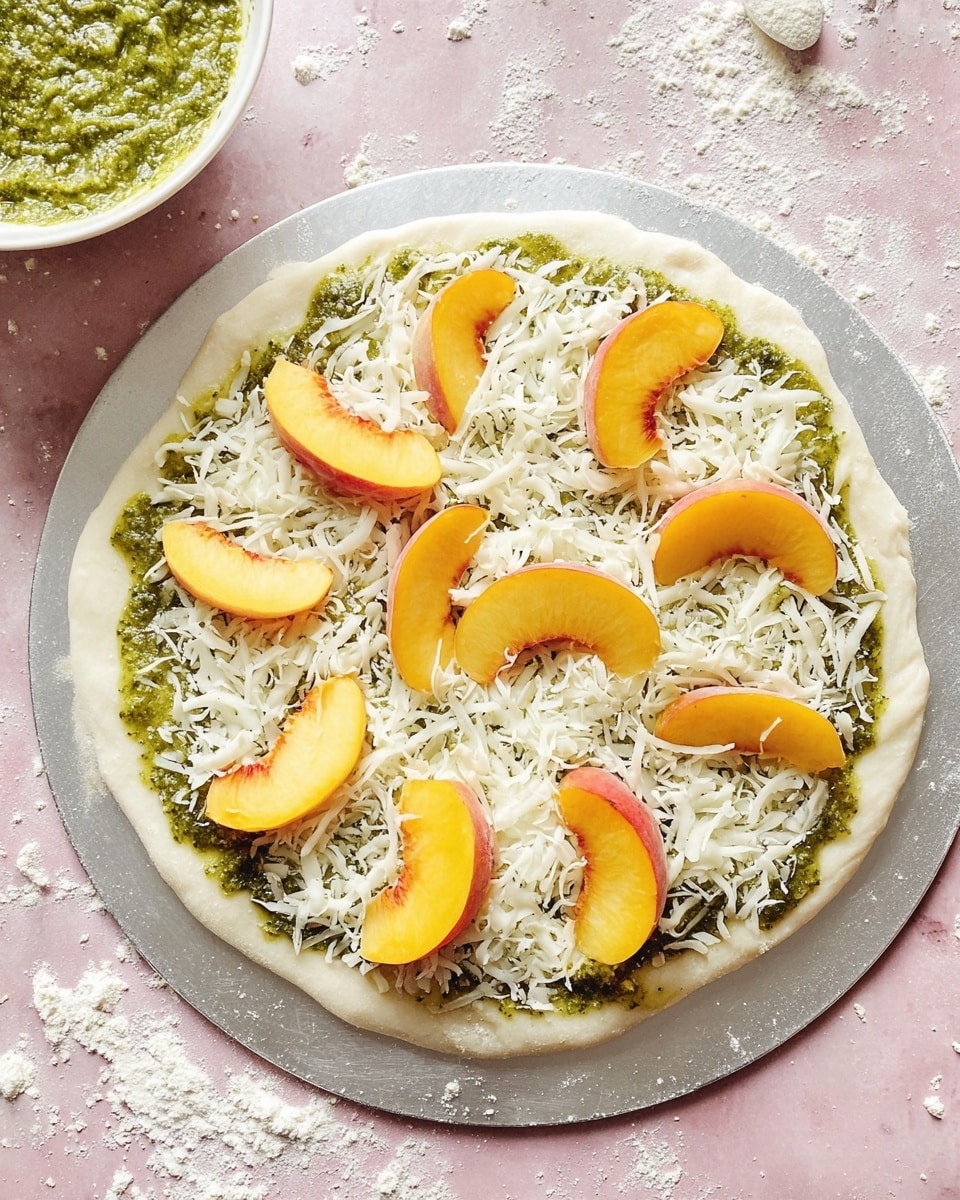 A round pizza with three visible layers placed on a silver pizza peel. The bottom layer is thick white dough with a smooth texture, topped by a bright green pesto sauce evenly spread in a circular shape just inside the dough edge. The middle layer is white shredded cheese scattered generously over the pesto. On top, there are nine slices of fresh peach with bright orange skin and yellow-orange flesh, placed evenly around the pizza. In the top left corner, a white bowl filled with more green pesto is partially visible resting on a pink surface. The entire scene is set on a white marbled textured background with some flour sprinkled around. Photo taken with an iphone --ar 4:5 --v 7