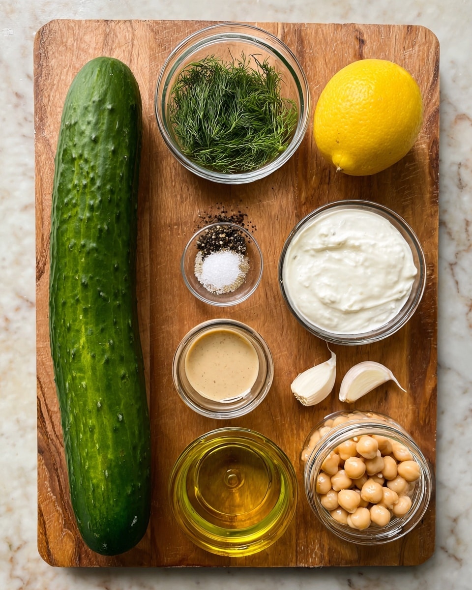 A wooden board with a long green cucumber lying vertically on the left side. At the top center, there is a small glass bowl filled with fresh green dill. To the right of the dill bowl, two peeled garlic cloves rest on the board, with a whole yellow lemon below them. In the center of the board, a small white bowl holds salt and black pepper side by side. Below it, a glass bowl contains thick white yogurt. To the left of the yogurt, a small glass bowl holds light brown tahini sauce, and below that, another small glass bowl is filled with golden olive oil. At the bottom right corner, a large glass jar is filled with light beige chickpeas in liquid. The board is placed on a white marbled surface. photo taken with an iphone --ar 4:5 --v 7