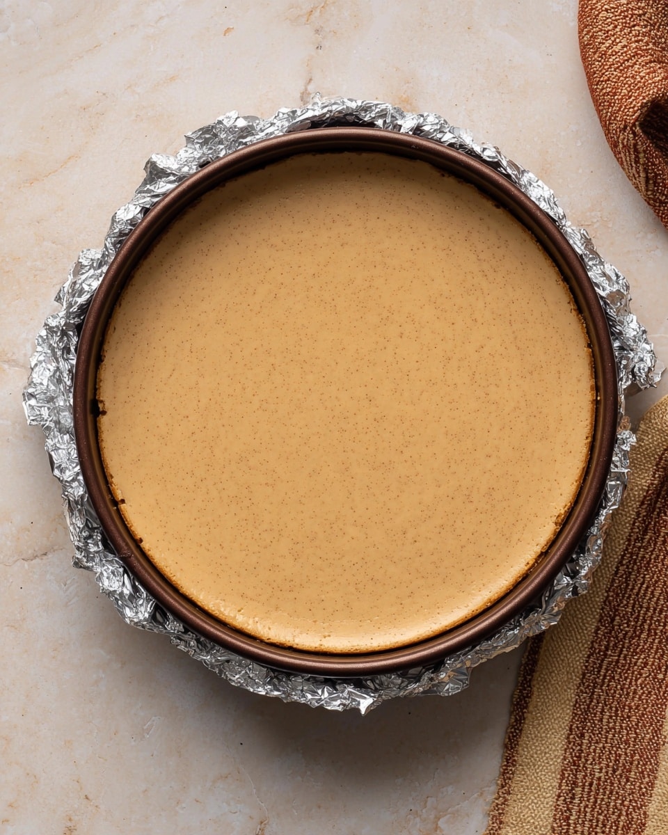 A round, single-layer cheesecake filling with a smooth and creamy light brown surface speckled with tiny darker spots sits evenly in a brown springform pan lined with crinkled aluminum foil wrapped around the edges. The pan is placed on a white marbled surface, with part of a textured brown and cream cloth visible in the bottom right corner. photo taken with an iphone --ar 4:5 --v 7
