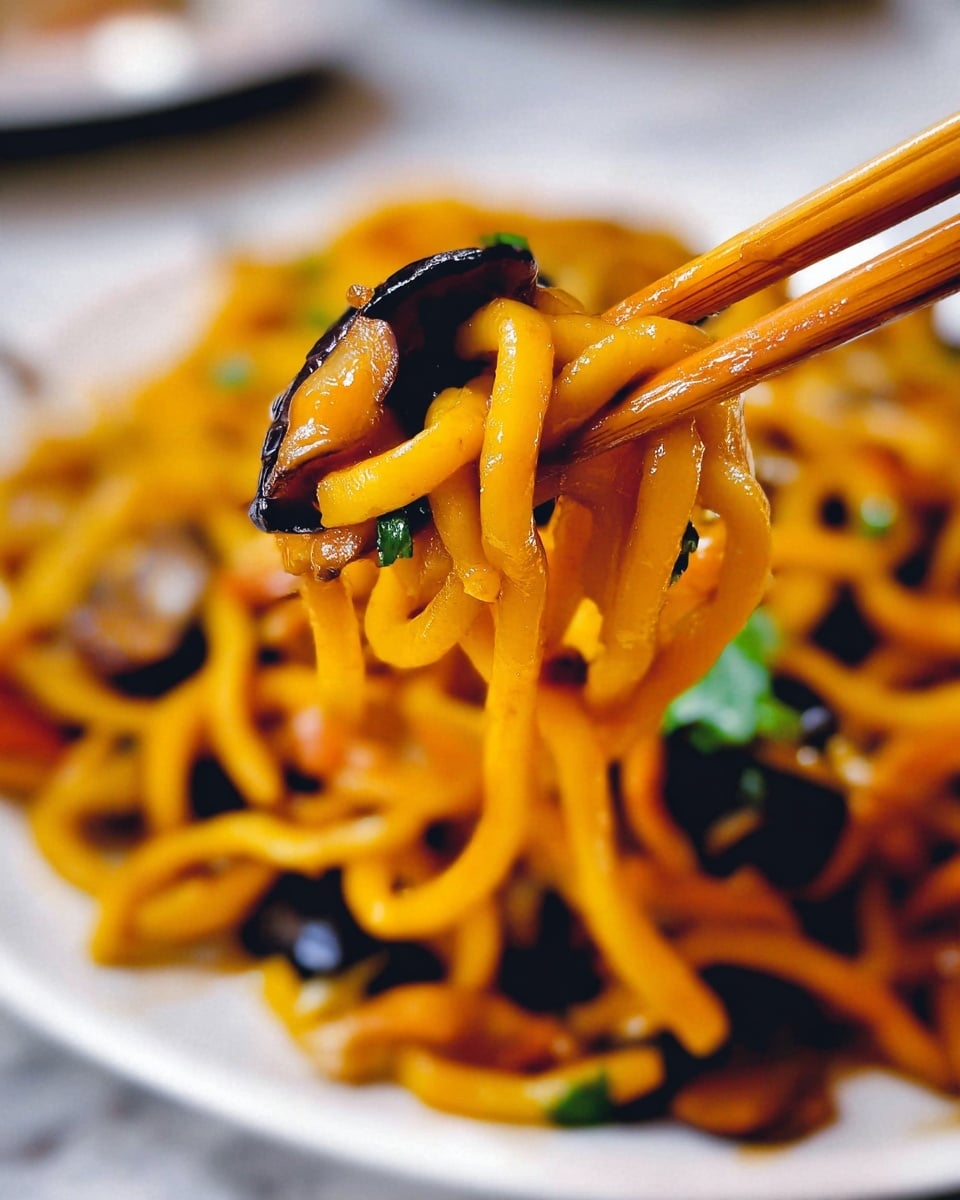 A close-up of several yellow noodles with a shiny, oily sauce held by light brown wooden chopsticks, mixed with pieces of dark purple and white food, likely mushrooms or seafood, and small green herb bits. The food is on a white plate with more noodles and sauce blurred in the background on a white marbled surface. photo taken with an iphone --ar 4:5 --v 7