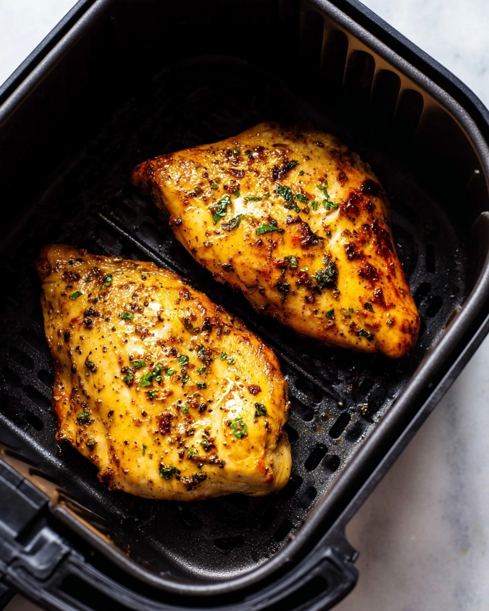 Two golden brown cooked chicken pieces with specks of black pepper and green herbs on top are placed side by side inside a black air fryer basket. The chicken has a glossy, slightly oily texture with some crispy spots. The air fryer basket edges are visible around the chicken, and the whole scene is set on a white marbled surface. photo taken with an iphone --ar 4:5 --v 7