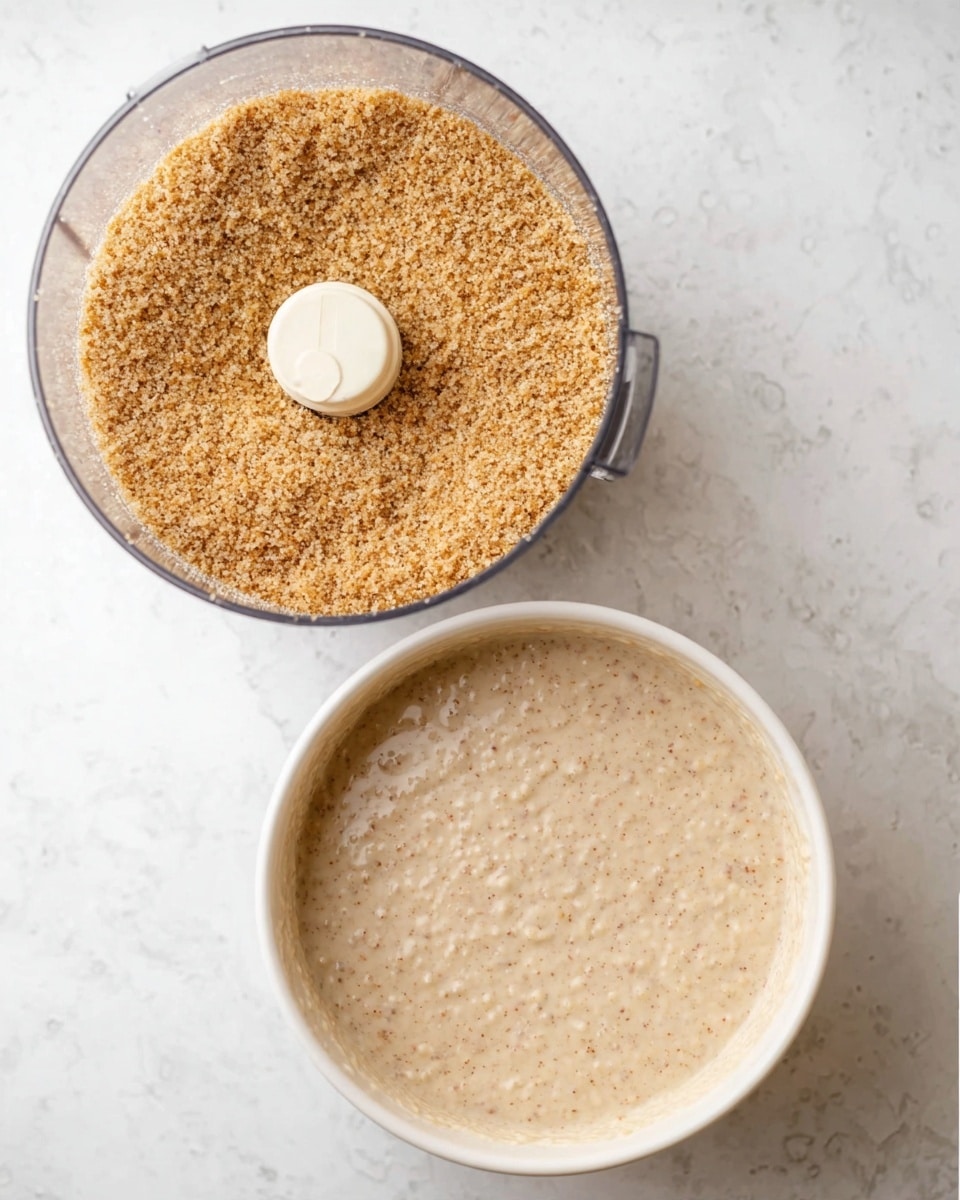 The image shows two round containers on a white marbled surface. On the left, a clear food processor bowl contains a single layer of finely ground light brown crumbs with a slightly coarse texture, filling the bowl evenly. On the right, a white bowl filled with a thick, creamy batter that is pale beige with small specks of brown mixed evenly throughout, having a smooth and slightly bubbly surface. Photo taken with an iphone --ar 4:5 --v 7
