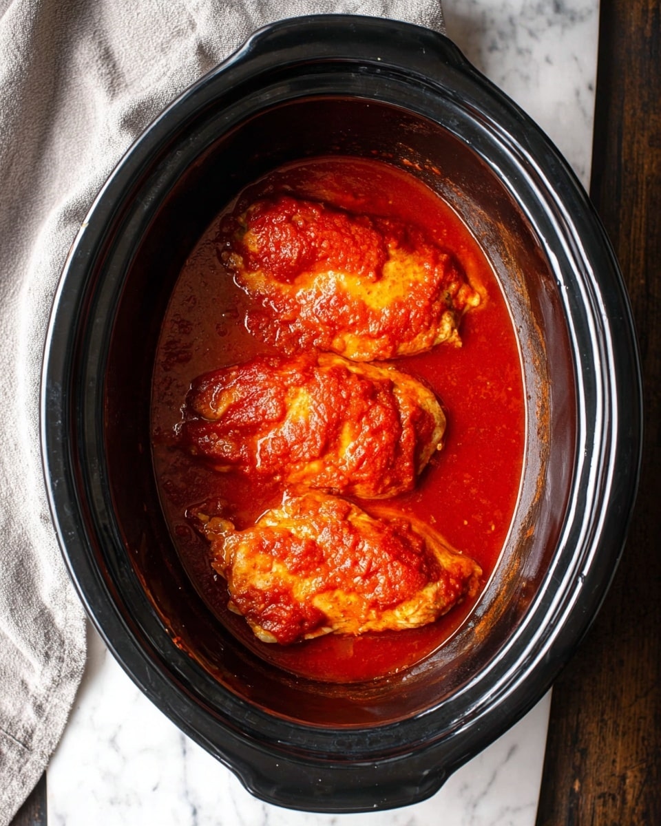 A black slow cooker holds three pieces of cooked chicken, each covered in a bright red tomato sauce. The chicken pieces are arranged in a row, slightly submerged in the thick, smooth sauce that fills most of the cooker’s base with a shiny texture. The surface under the cooker is a white marbled texture with a soft grey cloth partly visible on the left side. The image shows a top-down view, capturing the rich colors and moist texture of the sauce and chicken. photo taken with an iphone --ar 4:5 --v 7