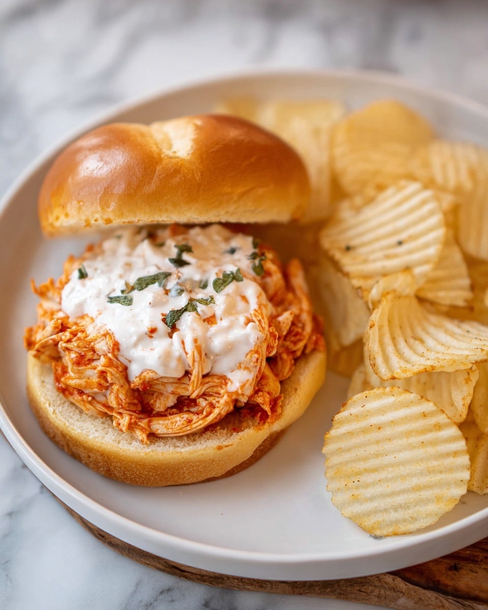 This dish shows a white plate with a sandwich and potato chips on a white marbled surface. The sandwich has two layers of soft, golden brown buns; the bottom bun is topped with shredded orange-red saucy chicken, covered by a swirl of creamy white sauce with tiny green herb bits. The top bun sits next to the open sandwich. On the right side of the plate, there are several ridged, light golden potato chips scattered. Photo taken with an iphone --ar 4:5 --v 7