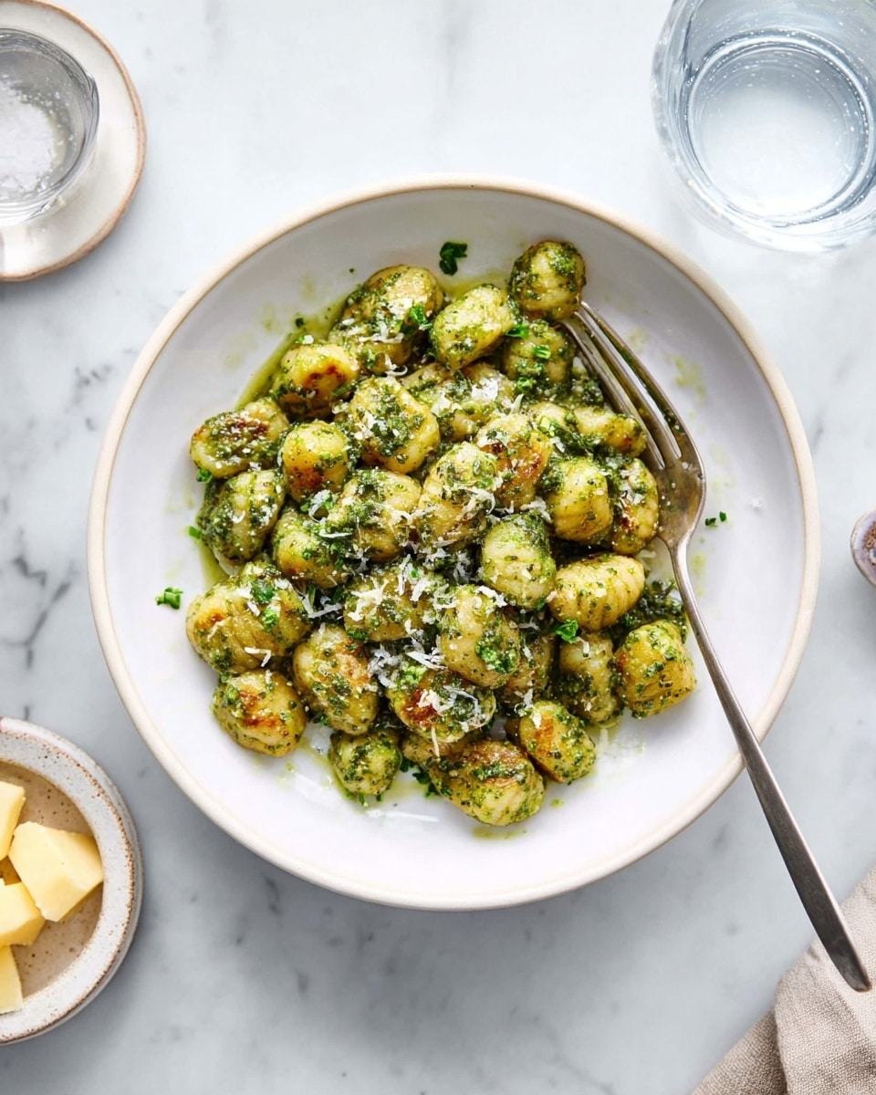 The image shows a white shallow bowl filled with two layers of small gnocchi pieces coated in a green pesto sauce that has a slightly oily shine. The gnocchi are golden brown in some spots, giving a toasted look, and are well mixed with the green sauce and sprinkled bits of grated cheese. A metal spoon rests inside the bowl among the gnocchi, with the bowl placed on a smooth white marbled surface. Nearby, a clear glass of water and a small white bowl holding light yellow cheese pieces are visible. The setting feels clean and fresh. photo taken with an iphone --ar 4:5 --v 7