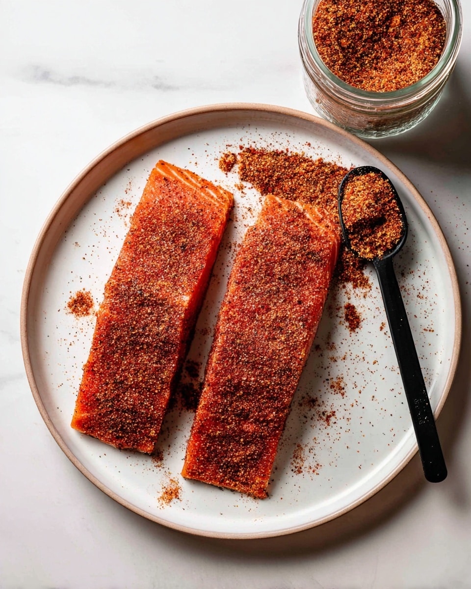 Two rectangular pieces of raw salmon lie flat side by side on a large white plate, each covered with a thick layer of red and brown spice mix giving them a textured, grainy surface. Next to the salmon on the plate is a small pile of the same spice mix with a black measuring spoon resting in it, holding more of the seasoning. In the top right corner, there is an open glass jar filled with the spice mix, placed on a white marbled surface. The scene is brightly lit, showing clear contrast and sharp detail. photo taken with an iphone --ar 4:5 --v 7