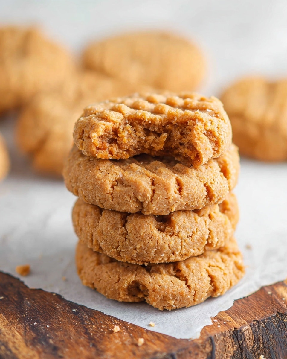A stack of four round peanut butter cookies with a golden brown, crumbly texture is shown close up. The top cookie has a bite taken out, revealing a slightly softer and chewy interior mixed with crunchy bits. The cookies have crisscross fork marks on their tops, with a rough and cracked surface. They sit on white parchment paper over a rustic wooden board, set against a white marbled background. More cookies are blurred in the background, giving depth to the image. Photo taken with an iphone --ar 4:5 --v 7