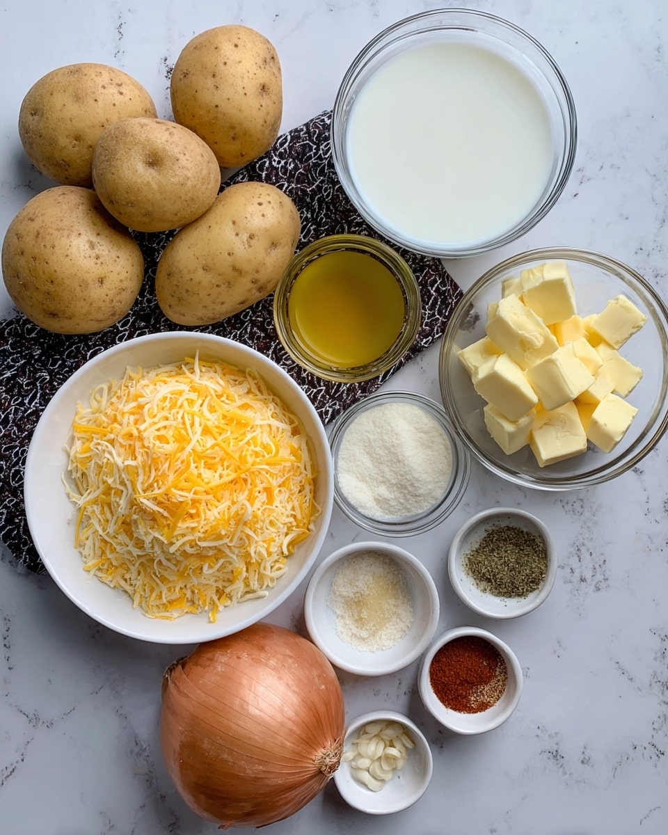 A white bowl filled with shredded yellow and white cheese sits on a white marbled surface next to several light brown small potatoes scattered around. A light brown onion is placed near the potatoes on a black and white patterned cloth. Near the onion, a large clear bowl holds white milk. Beside the milk, another clear bowl contains golden melted butter. Several small white bowls filled with pale yellow butter cubes, white flour, minced garlic, and a mix of colorful spices are also arranged on the white marbled surface, all forming a neat group of ingredients. photo taken with an iphone --ar 4:5 --v 7